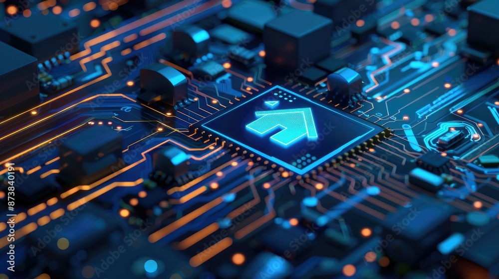 Obraz premium Internet Technology Concept with house symbol integrated on Microchip.