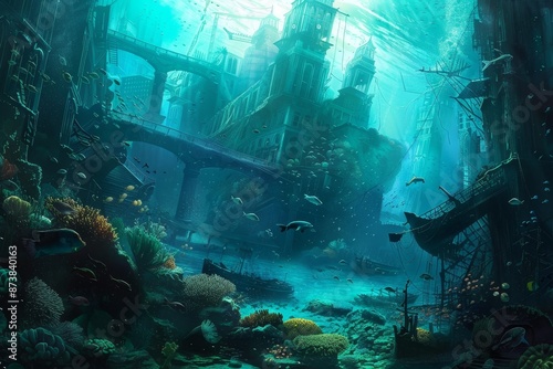 A ship lies in the background of a vibrant underwater scene filled with marine life, An underwater city teeming with colorful marine life and shipwrecks © Iftikhar alam