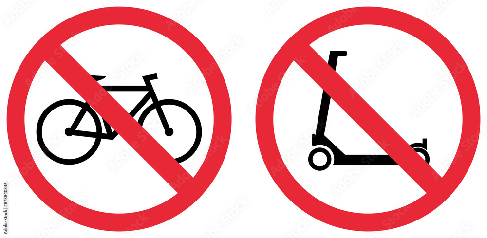Rotes Schild zeigt: Roller und Fahrrad verboten - Fahren und abstellen nicht erlaubt Rotes Schild zeigt: Roller und Fahrrad verboten - Fahren und abstellen nicht erlaubt