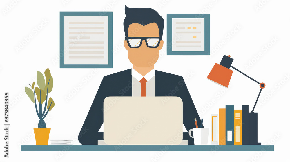 Professionalism : Illustration of a person in a suit working at a desk with a laptop, framed documents, a lamp, books, a plant, and a coffee cup. Professionalism : Illustration of a person in a suit working at a desk with a laptop, framed documents, a lamp, books, a plant, and a coffee cup.