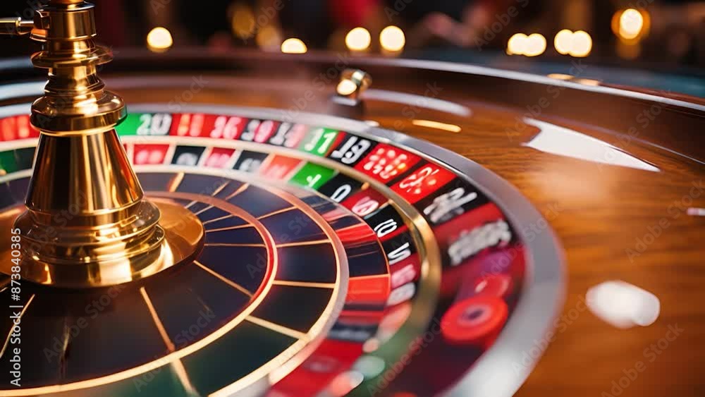 Roulette wheel spinning in elegant casino setting with vibrant lighting and blurred motion for dynamic gaming experience Roulette wheel spinning in elegant casino setting with vibrant lighting and blurred motion for dynamic gaming experience