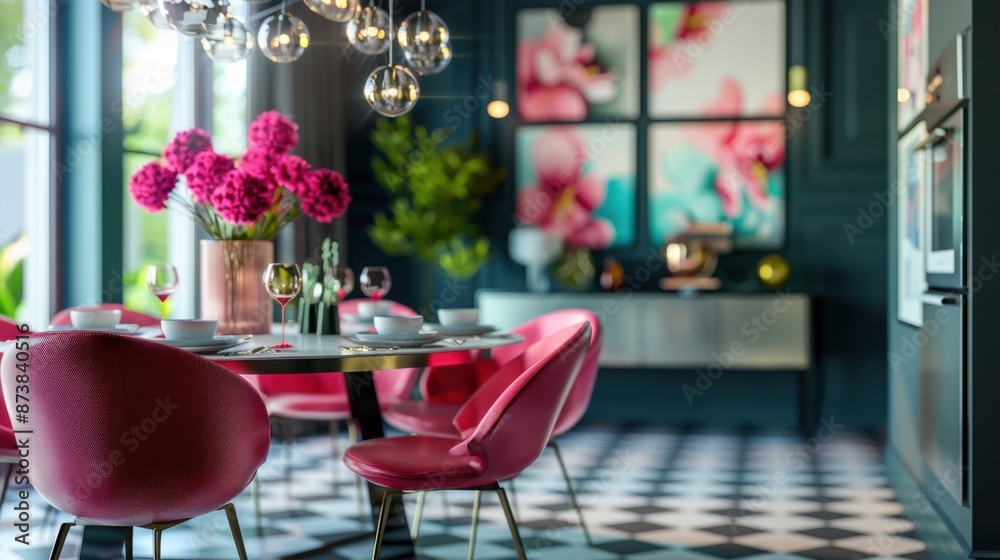 Obraz premium Contemporary dining room styles: Sleek and sophisticated with bold colors and modern furniture. Often includes geometric patterns, metallic accents, and statement lighting.