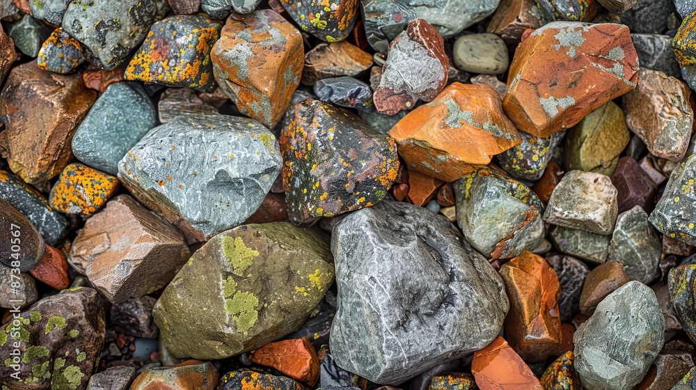 Colorful rocks scattered on the ground. Close-up of loose stones in nature. A unique background of mountain boulders covered in moss and lichens. Colorful rocks scattered on the ground. Close-up of loose stones in nature. A unique background of mountain boulders covered in moss and lichens.