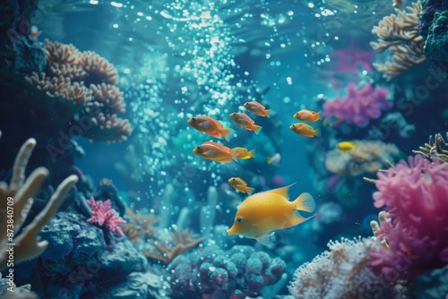 Wallpaper Mural Many varieties of fish swimming among colorful coral in a large aquarium, An underwater scene with shimmering fish and coral reefs Torontodigital.ca