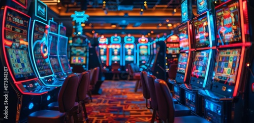 Row of Slot Machines in a Casino at Night