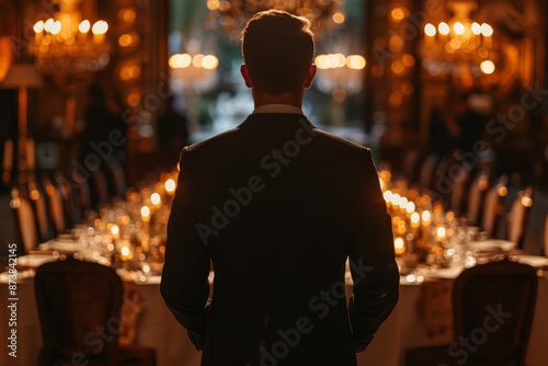 Man, dinner party, standing alone, medium shot, elegant setting, ambient light, social interactions, feeling left out, rich tones, candid perspective.