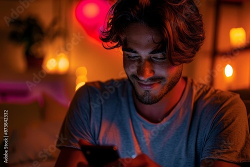 Man, dating app, swiping on phone, closeup shot, dim room light, modern dating, personal struggle, intimate setting, focused mood.