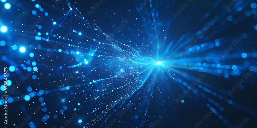 Abstract Blue Glowing Lines with Dots and Particles on Black Background, Representing Data Transfer Concept in a Futuristic and Dynamic Style. Abstract Blue Glowing Lines with Dots and Particles on Black Background, Representing Data Transfer Concept in a Futuristic and Dynamic Style.