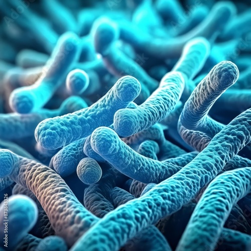 Blue Bacteria - Microscopic Enlargement of Blue Cells and Colony of Bacteria - Probiotics or Medicine Treatment - Health Care Medication or Ananotomy of Organisms in Biology or Science