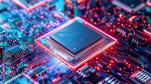 Abstract digital chip CPU, computer processor and electronic components on a motherboard or circuit board, related to technology development, electronic devices on microchips or microprocessors