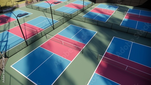 Aerial view pickleball court in a rural area, featuring a combination of red, blue, and green colors, lights, fencing, and seats photo