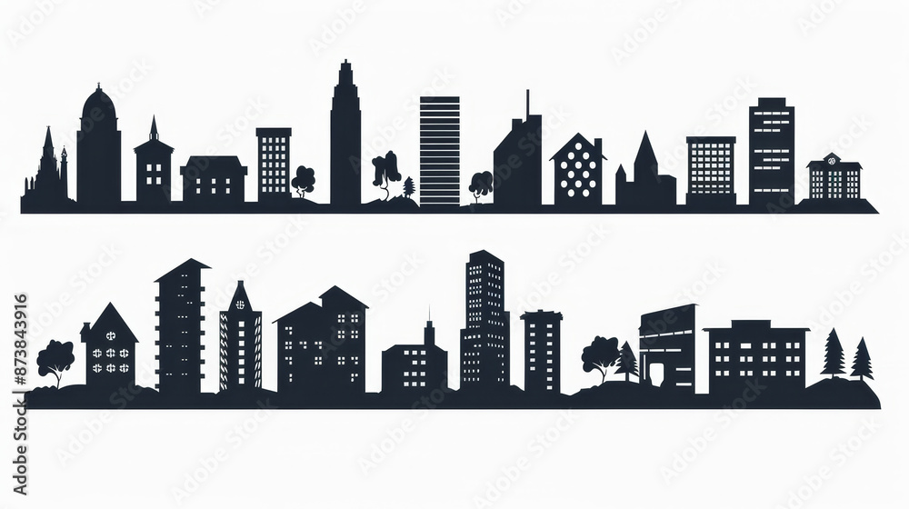 Fototapeta premium Icon set featuring silhouettes of town and city skylines.