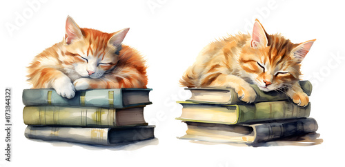 Cat sleeps on stacks of books, watercolor clipart illustration with isolated background.