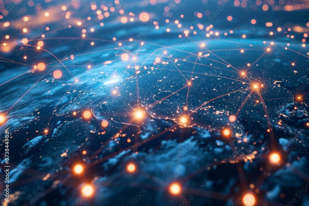 Fototapeta premium Global network lines linking continents, representing interconnectedness. Global business internet network internet connection of things business intelligence, AI generated