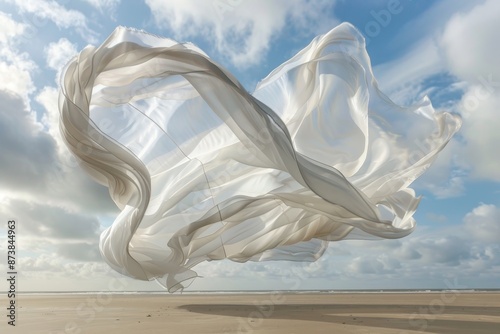 A white fabric billowing and changing shape with the wind on a sunny beach, Billowing and changing shape with the wind