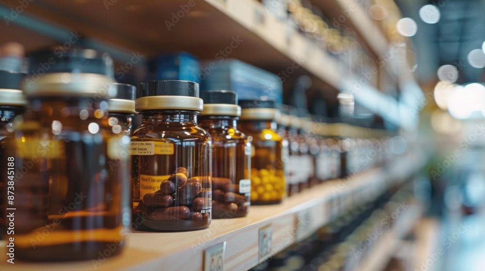 A medicine rack with medicine bottles lined up beautifully in a medicine shop. A medicine rack with medicine bottles lined up beautifully in a medicine shop.