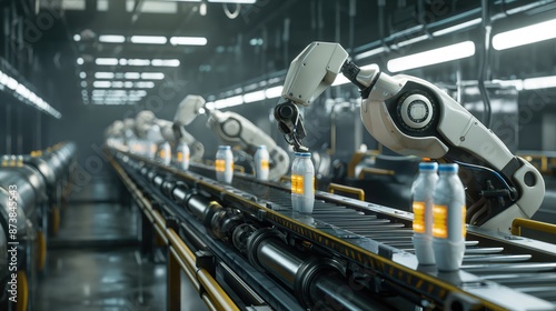 Wallpaper Mural Modern milk and dairy products factory or plant with conveyor belt and robotic arms with glass bottles and plastic containers. AI generative image. Torontodigital.ca