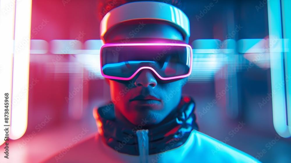 A young man wearing neon goggles stands under pink and blue lights. A young man wearing neon goggles stands under pink and blue lights.