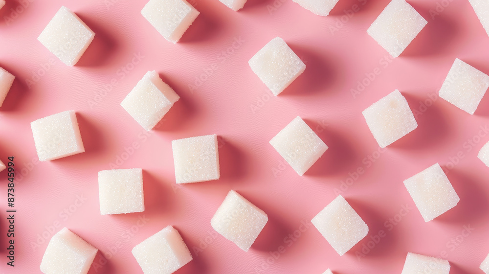 White Sugar Cubes: Arrange neatly stacked white sugar cubes on the pastel pink surface.
White Sugar Cubes: Arrange neatly stacked white sugar cubes on the pastel pink surface.