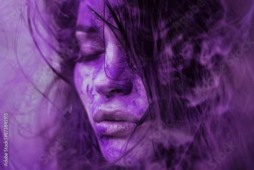 Closeup of a woman's face with purple hues, evoking a dreamy, surreal atmosphere
