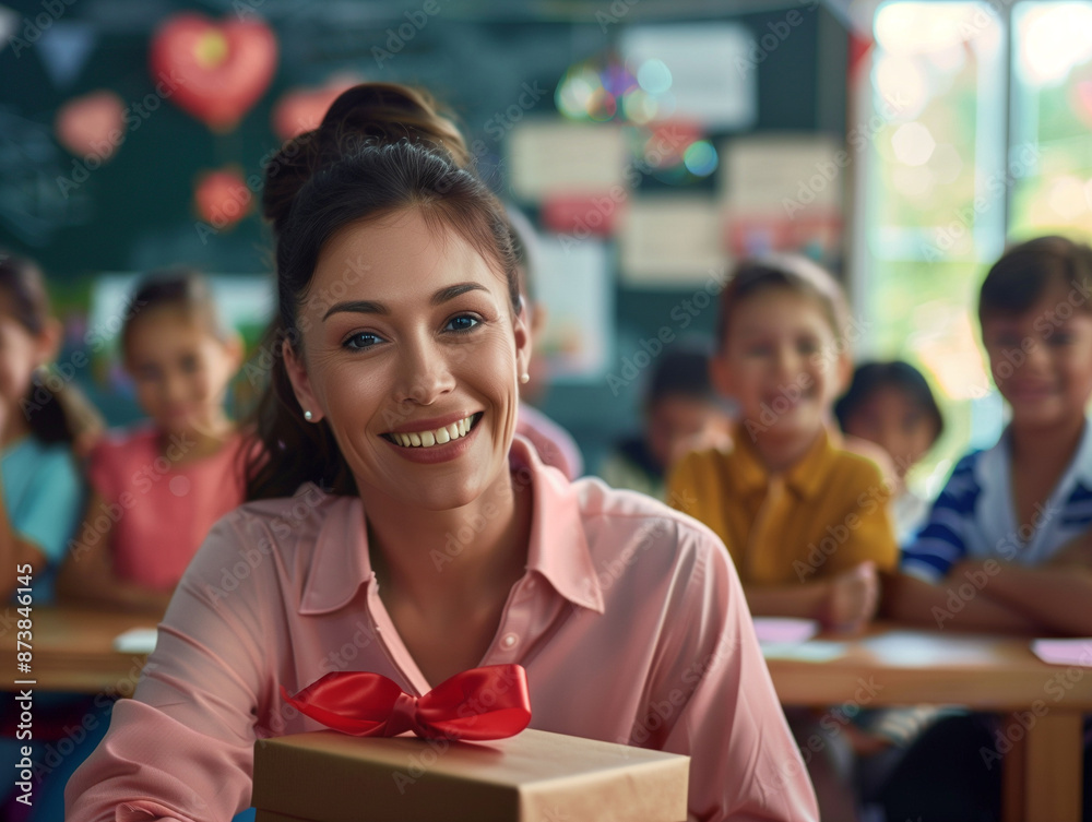 Obraz premium Happy female teacher holding gift box in classroom.
