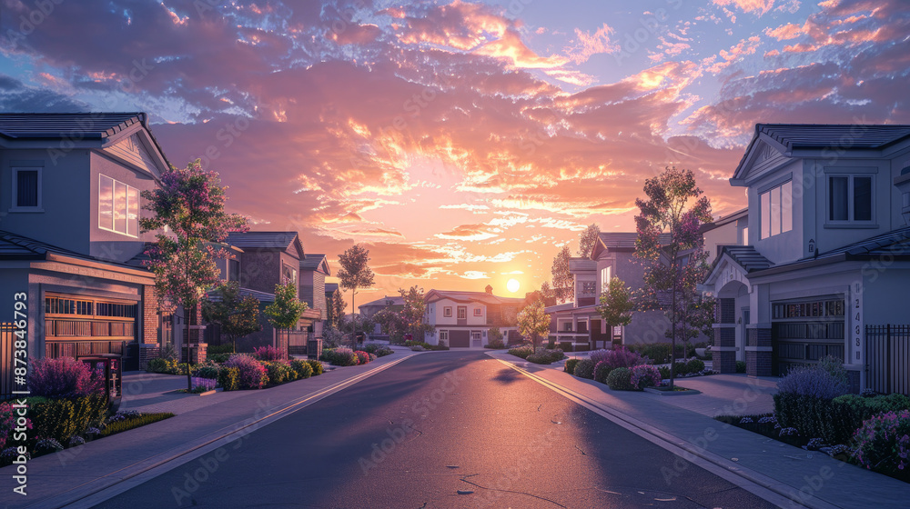 A dead-end street surrounded by luxurious two-story houses in a new neighborhood. The sky is ablaze with a stunning sunset. A dead-end street surrounded by luxurious two-story houses in a new neighborhood. The sky is ablaze with a stunning sunset.