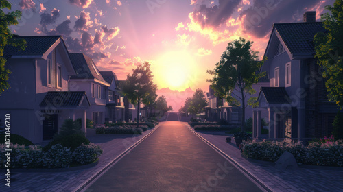 A dead-end street surrounded by luxurious two-story houses in a new neighborhood. The sky is ablaze with a stunning sunset.