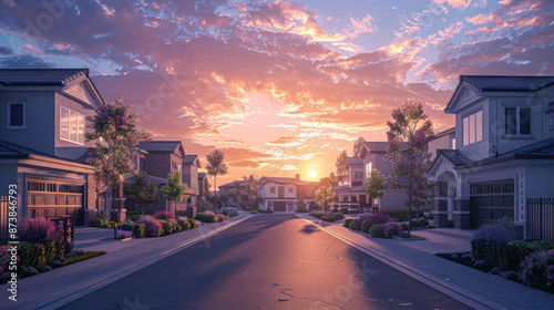 A dead-end street surrounded by luxurious two-story houses in a new neighborhood. The sky is ablaze with a stunning sunset.