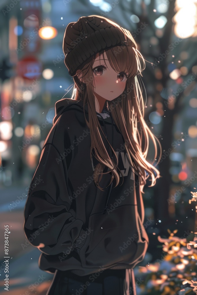 Φωτογραφία anime girl, waifu, casual streetwear, oversized sweater with long sleeves, brown