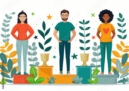 Office Team Success Celebration Podium: Best Colleagues Standing on Winner Stage with Trophies, Cheerful Minimalistic Vector Illustration of Business Achievement and Recognition