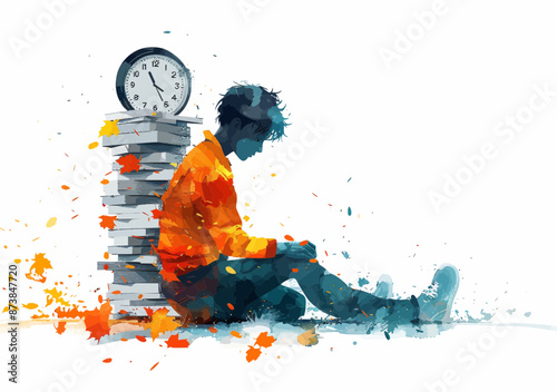 Exhausted Worker Resting Against Clock and Piles of Books, Stress and Overwork Concept, Minimalistic Vector Illustration, Daytime, Emotional Strain, Work-Life Balance