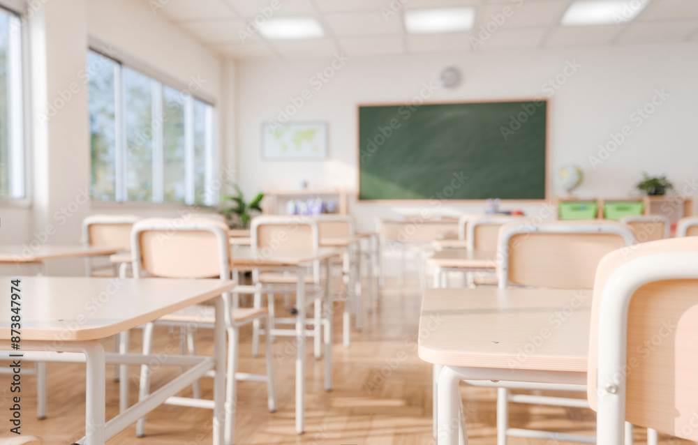 Close up of Empty Classroom with Desks and Chairs in Front of Chalkboard Close up of Empty Classroom with Desks and Chairs in Front of Chalkboard