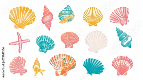 Cute and colorful seashell designs perfect for decorating baby items like clothes, stickers, books, or fabric. photo