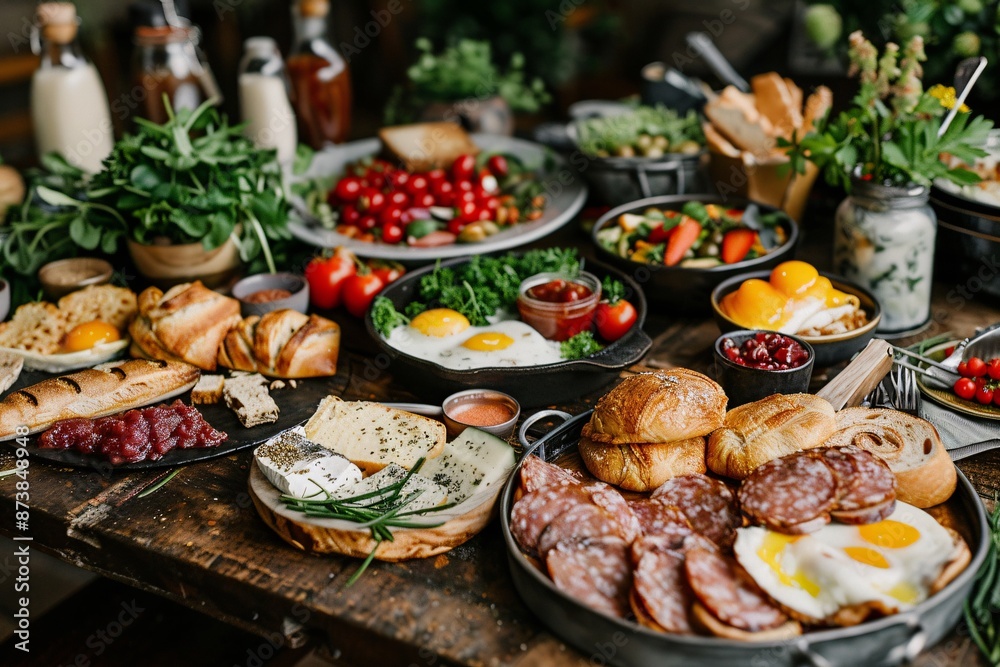Fototapeta premium Brunch spread with a variet of dishes pastries. Village Breakfast with pastries, vegetables, greens, spreads, cheeses, fried eggs, jams