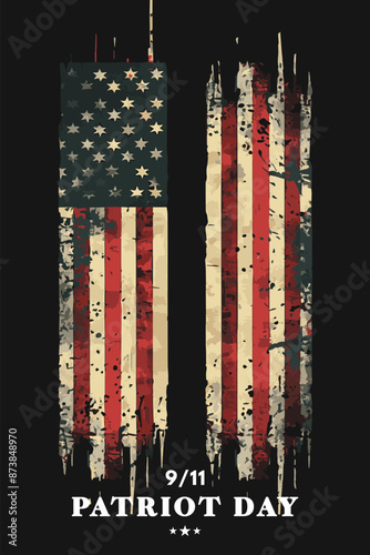 Grunge American flags as Twin Towers, dark homage to 9/11.