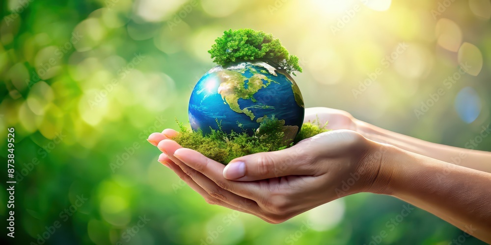 Close-up of two hands holding a miniature Earth globe with green vegetation growing out of it, environmental, green, nature, child, palms, hands, miniature, Earth, world, fragile, planet Close-up of two hands holding a miniature Earth globe with green vegetation growing out of it, environmental, green, nature, child, palms, hands, miniature, Earth, world, fragile, planet