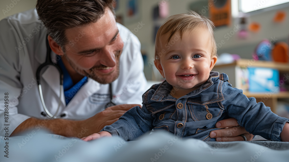 Portrait of smiling pediatrician examining little baby boy in hospital bed Portrait of smiling pediatrician examining little baby boy in hospital bed