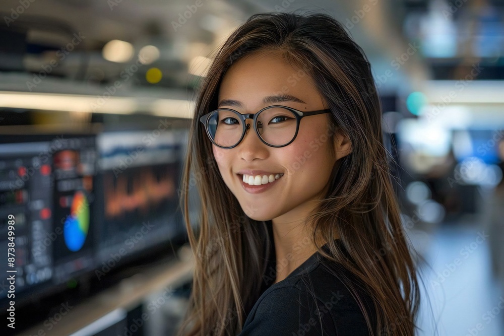 beautiful woman with long hair and wearing eyeglasses is smiling and analyzing data to create an insight dashboard. beautiful woman with long hair and wearing eyeglasses is smiling and analyzing data to create an insight dashboard.