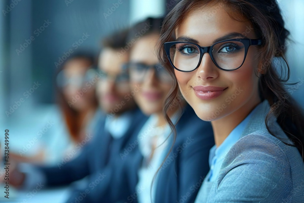 group of beautiful business people in a meeting, discussing marketing KPI strategy for a startup company, some smiling and wearing eyeglasses. group of beautiful business people in a meeting, discussing marketing KPI strategy for a startup company, some smiling and wearing eyeglasses.