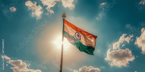 Indian Flag Waving in the Wind Against a Clear Sky