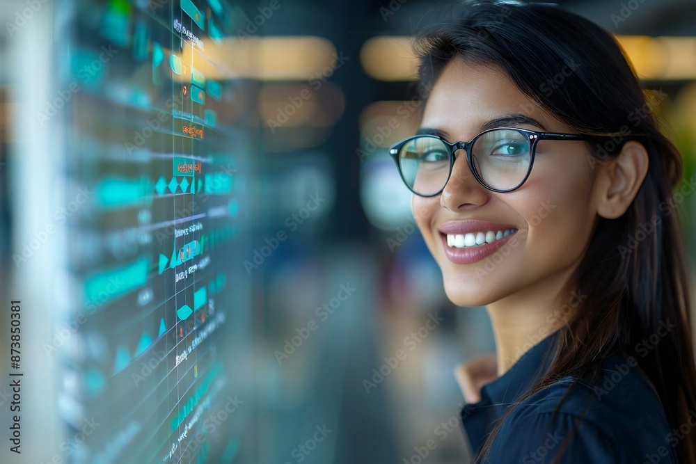 Beautiful woman wearing eyeglasses and smiling, updating tasks progress on Gantt chart.