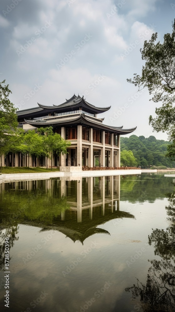 Fototapeta premium A modern building blending traditional Jiangnan architectural style with contemporary design, featuring elegant curved roofs, white walls, traditional Chinese wooden elements, and large glass windows