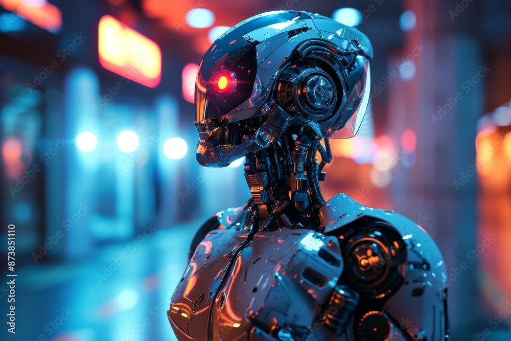 Futuristic cyborg with robotic arm stands illuminated in modern, An illuminated neon light casting a colorful glow on a robot in the foreground, AI generated Futuristic cyborg with robotic arm stands illuminated in modern, An illuminated neon light casting a colorful glow on a robot in the foreground, AI generated