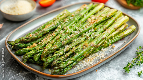 Healthier air fryer asparagus with garlic and parmesan dish with restaurant serve on a wooden table with spices and greens