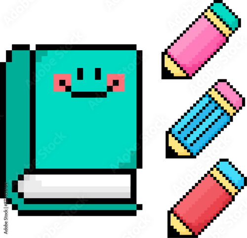 pixel art book and pencil vector game 8 bit. book icon logo.