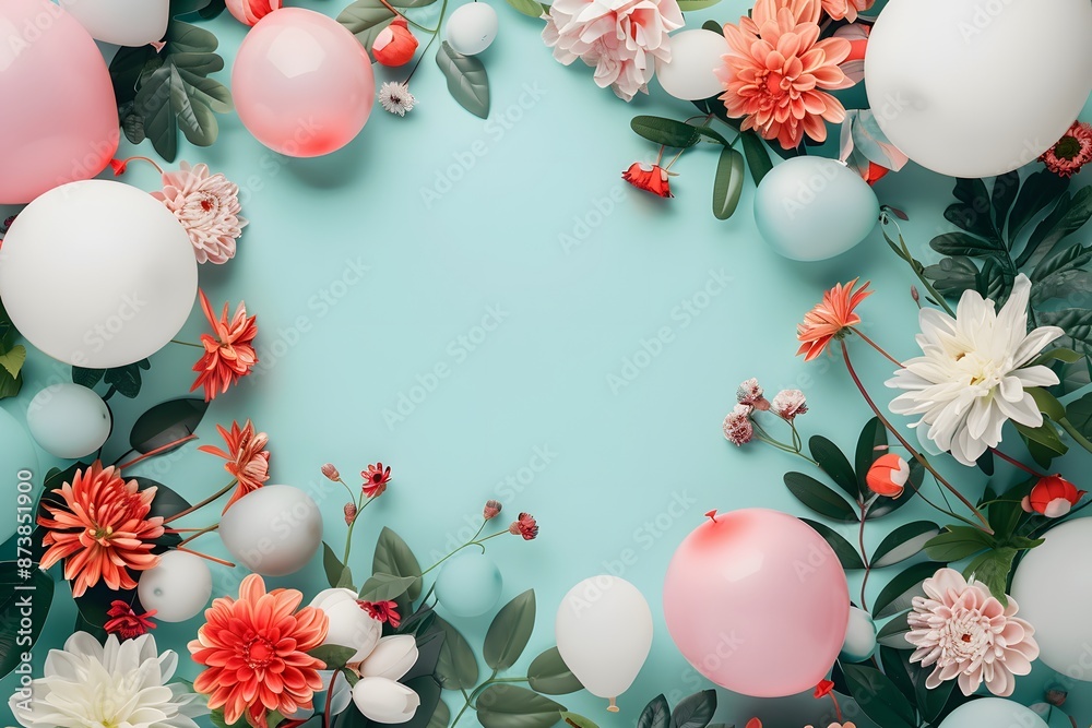 Colorful spring flowers and pastel balloons on blue background framing a festive celebration Colorful spring flowers and pastel balloons on blue background framing a festive celebration