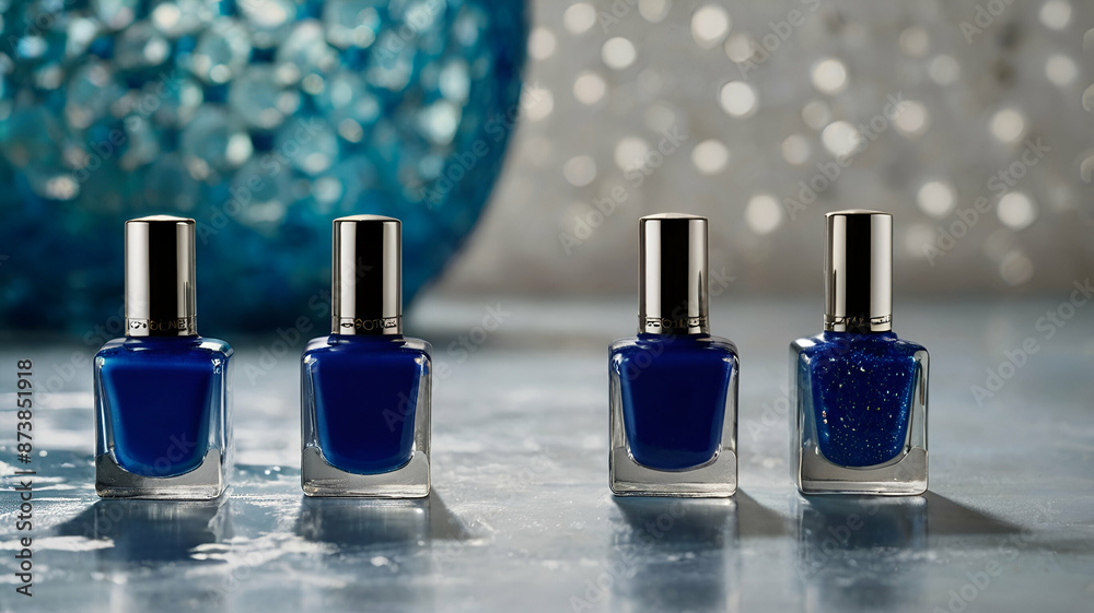 Fine art cosmetics and beauty image of vivid blue nail varnish spilled around three opened bottles viewed top Fine art cosmetics and beauty image of vivid blue nail varnish spilled around three opened bottles viewed top