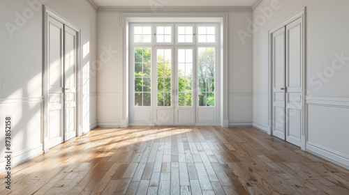 Empty living room with wooden floor, white walls, and sunlight streaming in through a sliding door. Perfect for renovation, new home, home loan, property, or advertising visuals.