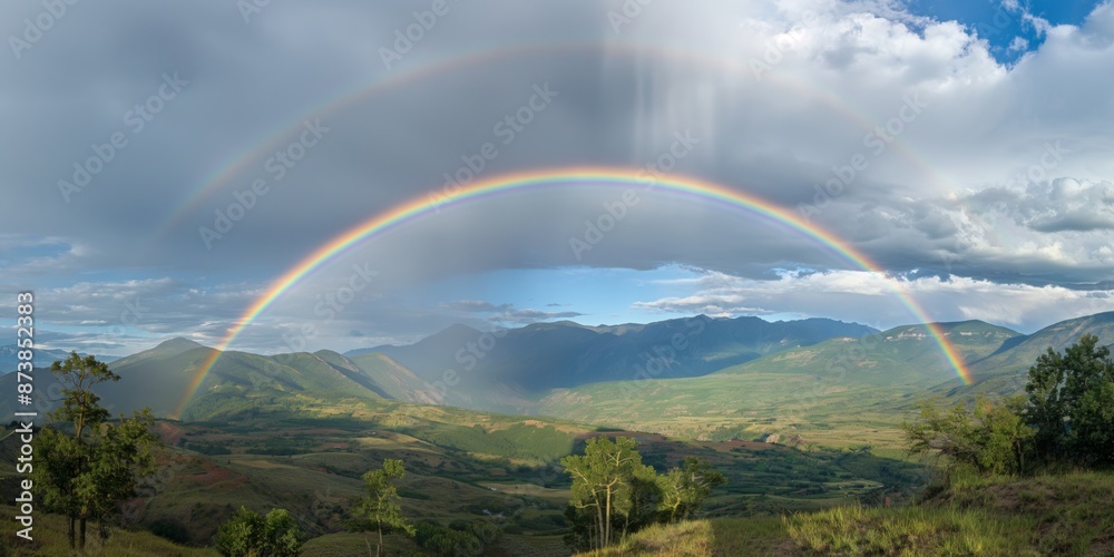 Double rainbow over mountains and valley, showcasing the spectrum of colors in a beautiful natural landscape.
