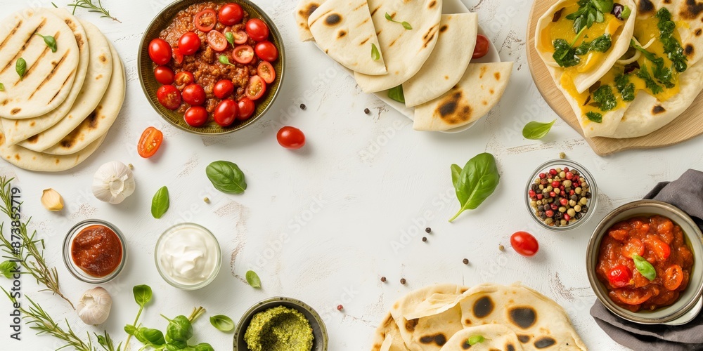 A rustic Mexican lunch with a grilled tortilla, a variety of fresh sauces including salsa. A rustic Mexican lunch with a grilled tortilla, a variety of fresh sauces including salsa.